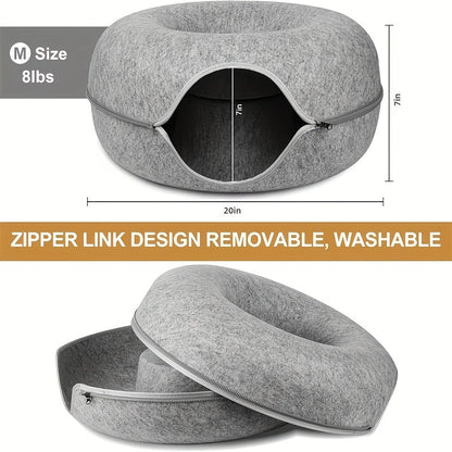 Lit tunnel pour chat, cachette d'intérieur - Tunnel pour chat en forme de beignet, pliable et utilisable en toute saison, avec ouverture pour chats d'intérieur, peluche douce, gris foncé et gris clair, disponible en 50 et 60 cm, cadeau idéal pour chat