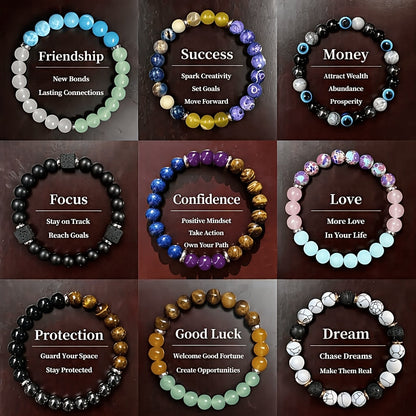Ensemble de 9 bracelets superposés en pierre naturelle et perles de verre – Bracelets en perles faits main de 8 mm avec détails en alliage de zinc, bijoux empilables élégants pour femmes, cadeau idéal pour les fêtes, banquets et festivals