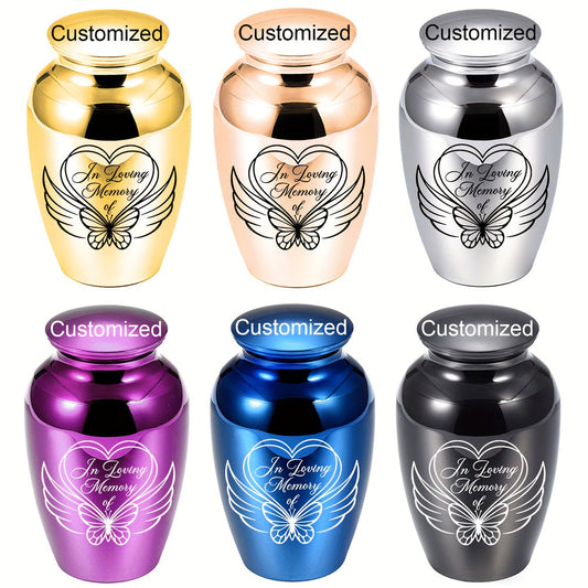 Mini urne funéraire personnalisée pour cendres - Urne souvenir en alliage d'aluminium avec motif cœur, ange et papillon pour cendres humaines et d'animaux, petit reliquaire commémoratif, options de couvercle argent, or ou violet