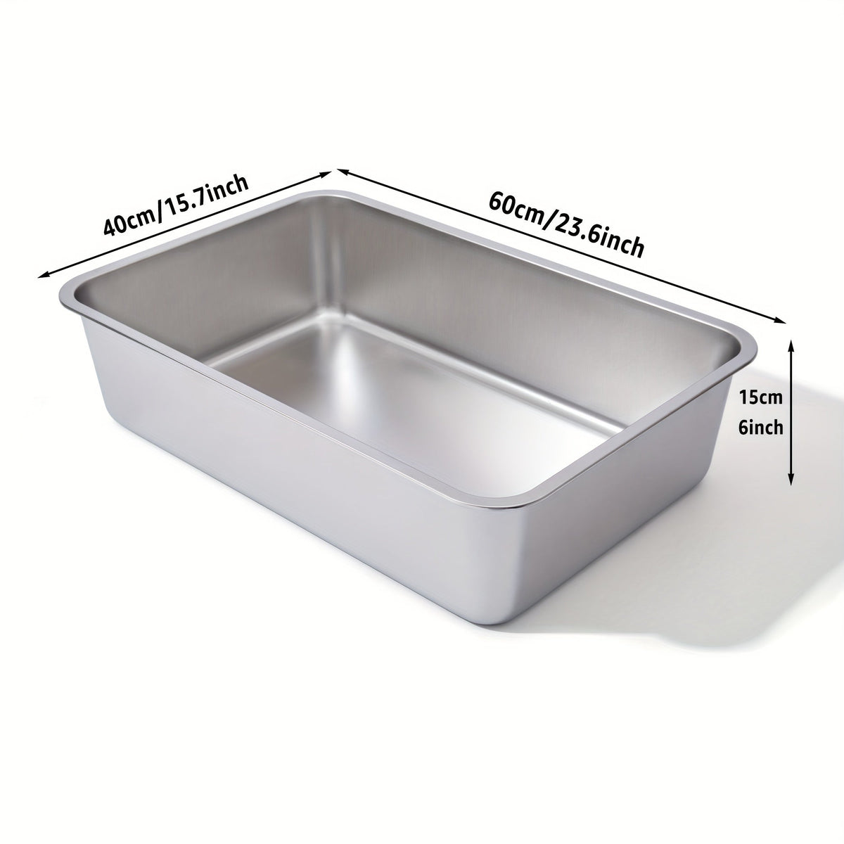 Bac à litière en acier inoxydable XL – Lot de 2 bacs en métal extra larges, bords hauts de 15 cm, facile à nettoyer, résistant aux odeurs, pour grands chats et foyers multi-chats, design rectangulaire adapté aux coins