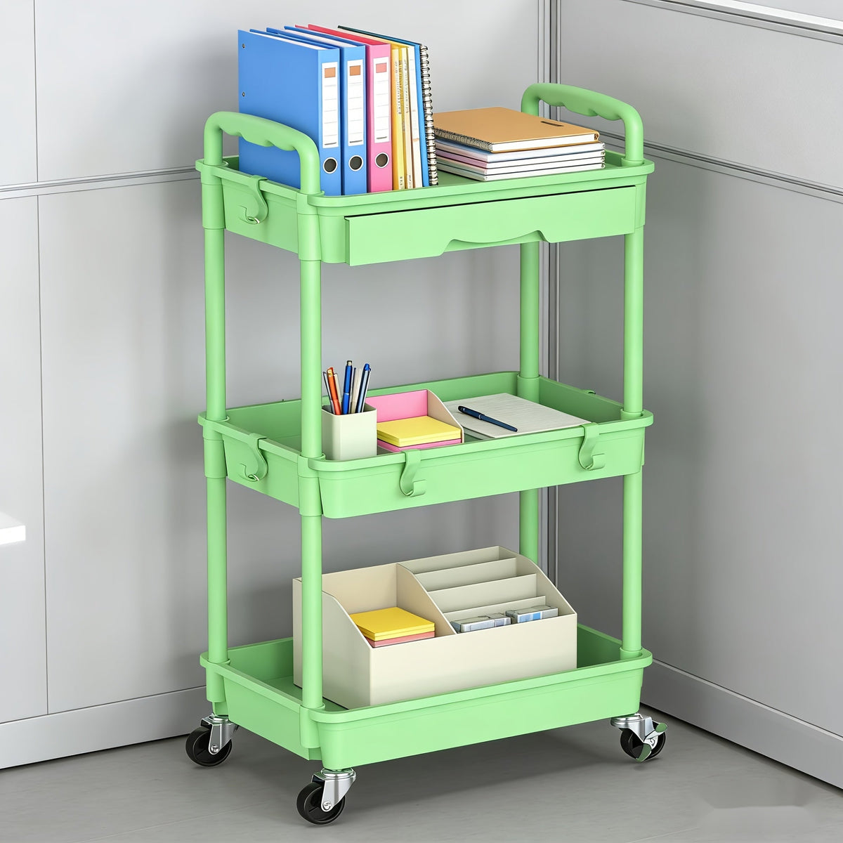 Desserte de rangement à roulettes 3 et 4 niveaux avec tiroir et roues verrouillables – Étagère de rangement multifonctionnelle en plastique pour cuisine, salle de bain, salon, bureau – 7 couleurs