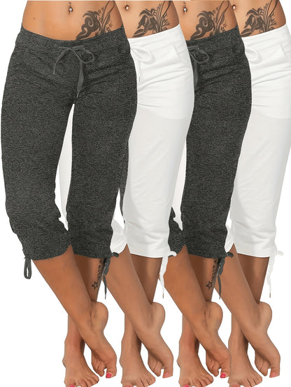 Lot de 4 pantalons courts légers pour femme – Pantacourts amples à taille cordon, bas d'été décontractés et respirants, tailles S-XXL, assortiments de couleurs variés