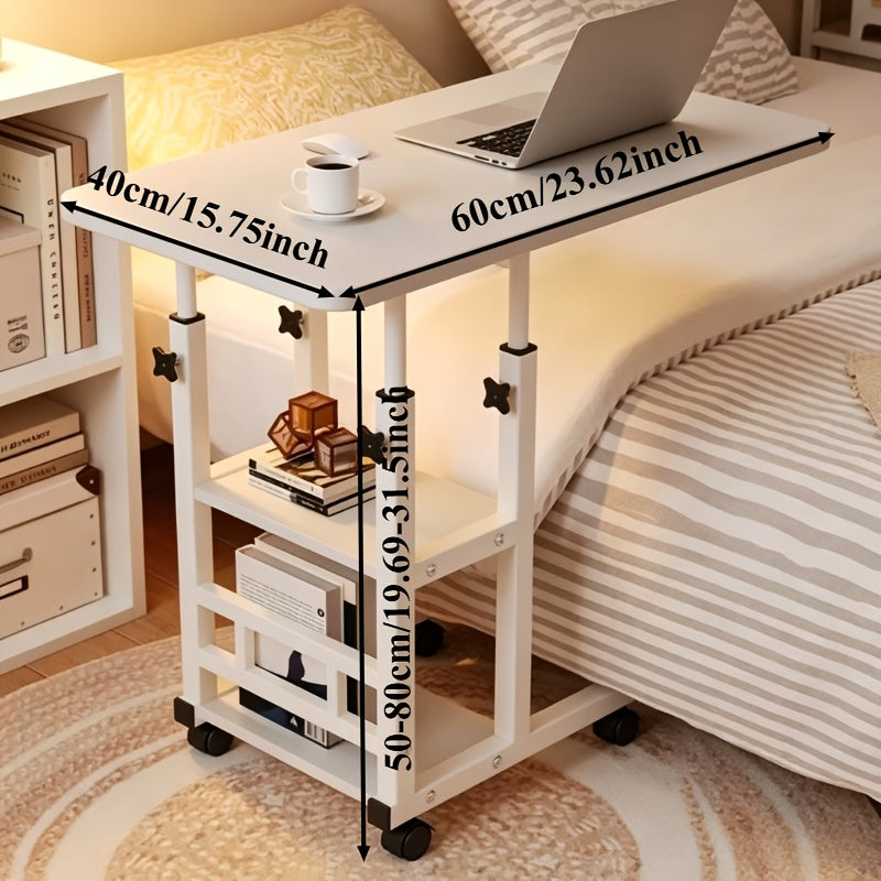 Table pour ordinateur portable réglable en hauteur avec 4 roulettes et double étagère – Bureau poste de travail mobile pour chevet, dortoir, bureau, salon, structure en acier robuste, design gain de place