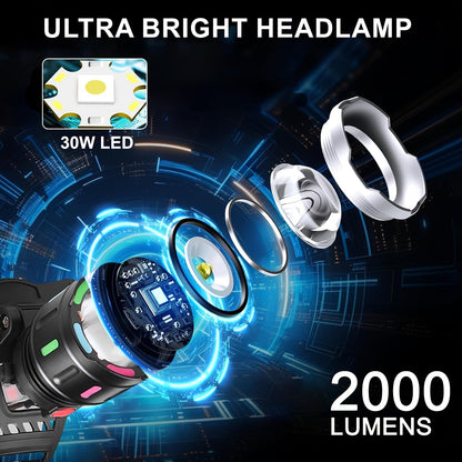 Lampe frontale LED rechargeable, 4 modes, focale réglable, inclinaison à 90°, feu arrière d'avertissement, pour le camping, la randonnée, l'aventure, les réparations d'urgence, lampe durable pour adultes