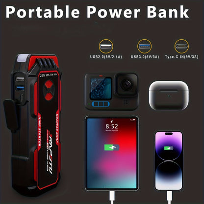 Démarreur de voiture portable 2500A crête | Booster de batterie 12V 8000mAh-10000mAh, jusqu'à 30 démarrages, ports de charge USB et lampe de poche LED – Convient aux moteurs essence 7.0L et diesel 8.0L, camions, SUV, motos