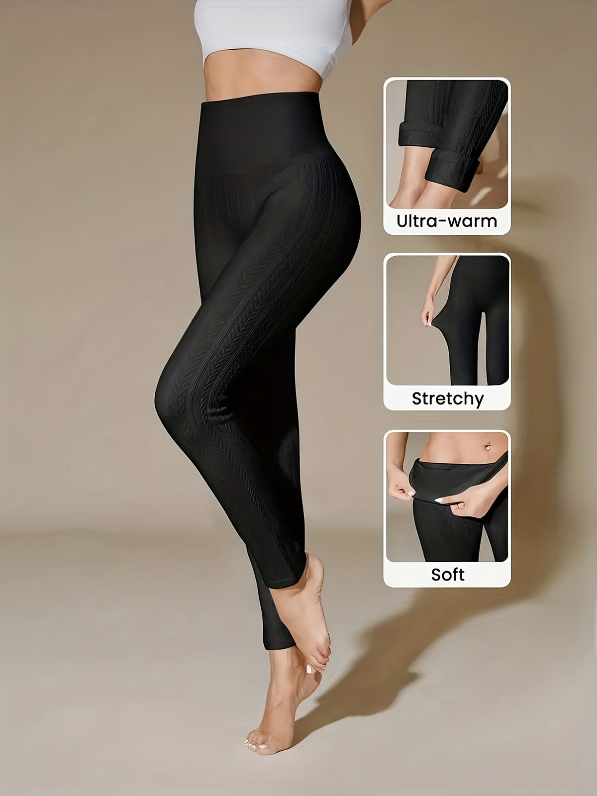 Legging thermique à taille haute pour femme - Pantalon de yoga chaud d'hiver épais à motif jacquard - Collant de sport gainant pour femme S M L