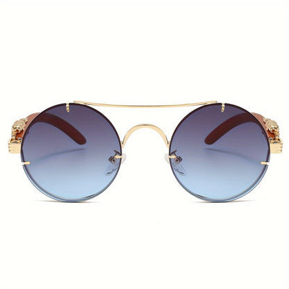 Lunettes de soleil rondes à monture en métal avec verres dégradés pour hommes et femmes – Luxe, double pont, détails léopard sur les charnières, verres en polycarbonate dégradés, étui inclus, style chic pour les vacances et la ville