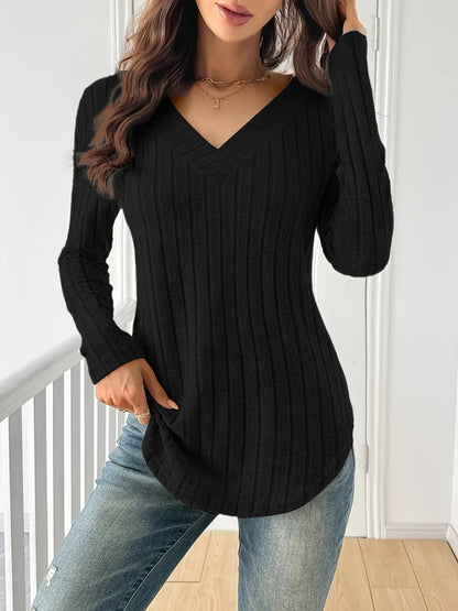 T-shirt à manches longues et col en V pour femme – Haut décontracté en maille côtelée extensible et douce pour le printemps, l'automne et l'hiver | Multicolore S-XXL