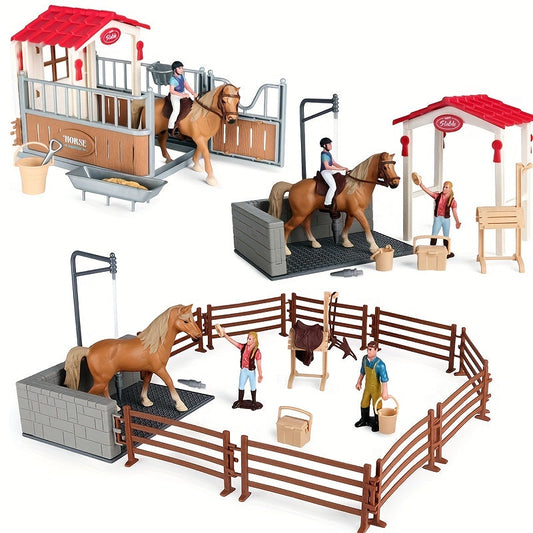 Deluxe Farm Ranch Playset with Stable & Horses – PVC Horseback Riding Scene with Rider, Horses, Fence & Cowboy Accessories | Kids Pretend Play Toy for Boys & Girls | Christmas Birthday Gift