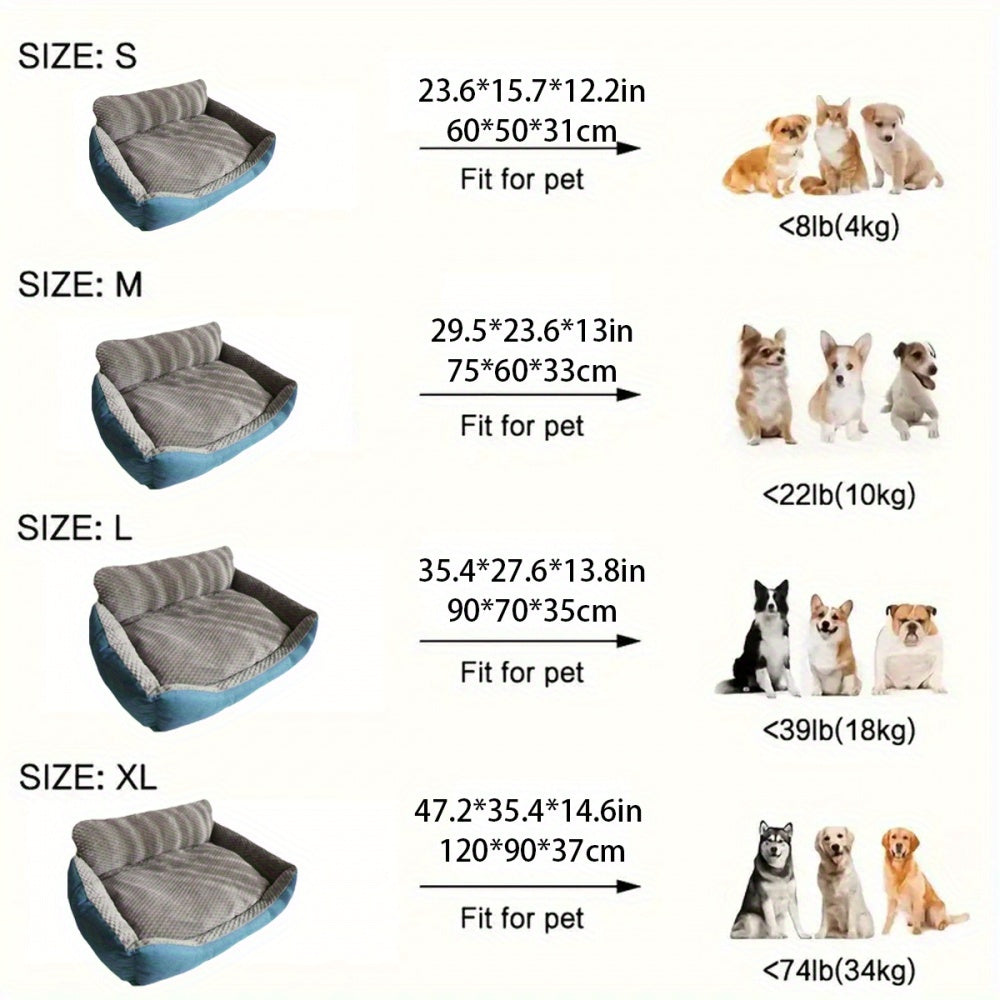 Canapé-lit de luxe en peluche pour animaux avec dossier haut – Panier pour chiens et chats épais, chaud et lavable, confort toutes saisons, housse facile à nettoyer, tailles S L XL, bleu gris