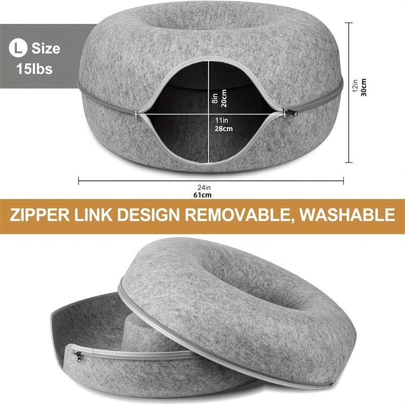 Lit tunnel pour chat, cachette d'intérieur - Tunnel pour chat en forme de beignet, pliable et utilisable en toute saison, avec ouverture pour chats d'intérieur, peluche douce, gris foncé et gris clair, disponible en 50 et 60 cm, cadeau idéal pour chat