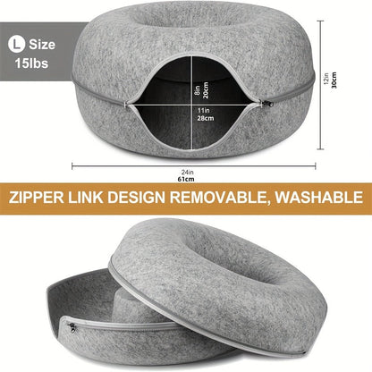 Lit tunnel pour chat, cachette d'intérieur - Tunnel pour chat en forme de beignet, pliable et utilisable en toute saison, avec ouverture pour chats d'intérieur, peluche douce, gris foncé et gris clair, disponible en 50 et 60 cm, cadeau idéal pour chat