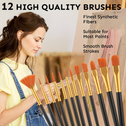 Set de peinture acrylique 36 couleurs de 60 ml chacune avec 12 pinceaux – Fournitures de peinture à pigments riches pour toile, céramique et tissu, artistes débutants et professionnels, rentrée scolaire et cadeau de fêtes
