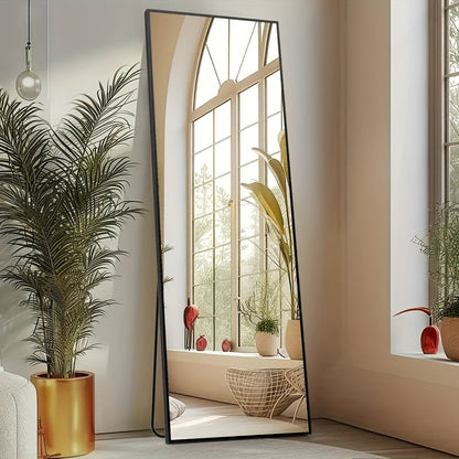 Miroir sur pied pleine longueur avec lumières LED - Sommet arqué et rectangulaire, cadre en aluminium, miroir habillage sur pied de 180 cm pour chambre et salon, noir or blanc, verre trempé de 5 mm