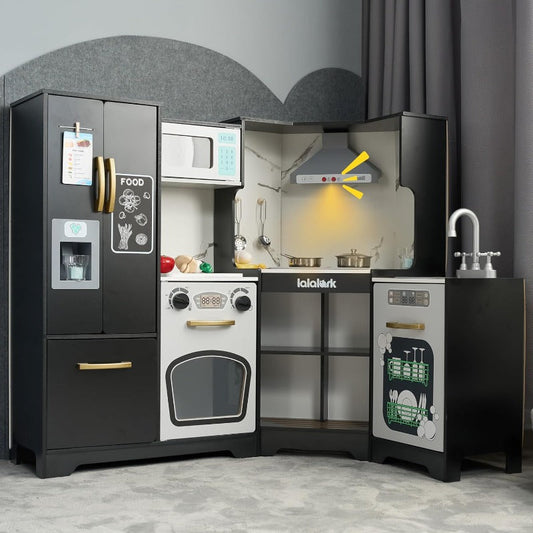 Cuisine de jeu d'angle en bois pour enfants – Lumières et sons réels, réfrigérateur à double porte, machine à glaçons, cuisinière, four, micro-ondes et accessoires – Conforme aux normes ASTM et CPSIA – Meilleur cadeau d'anniversaire pour garçons et filles