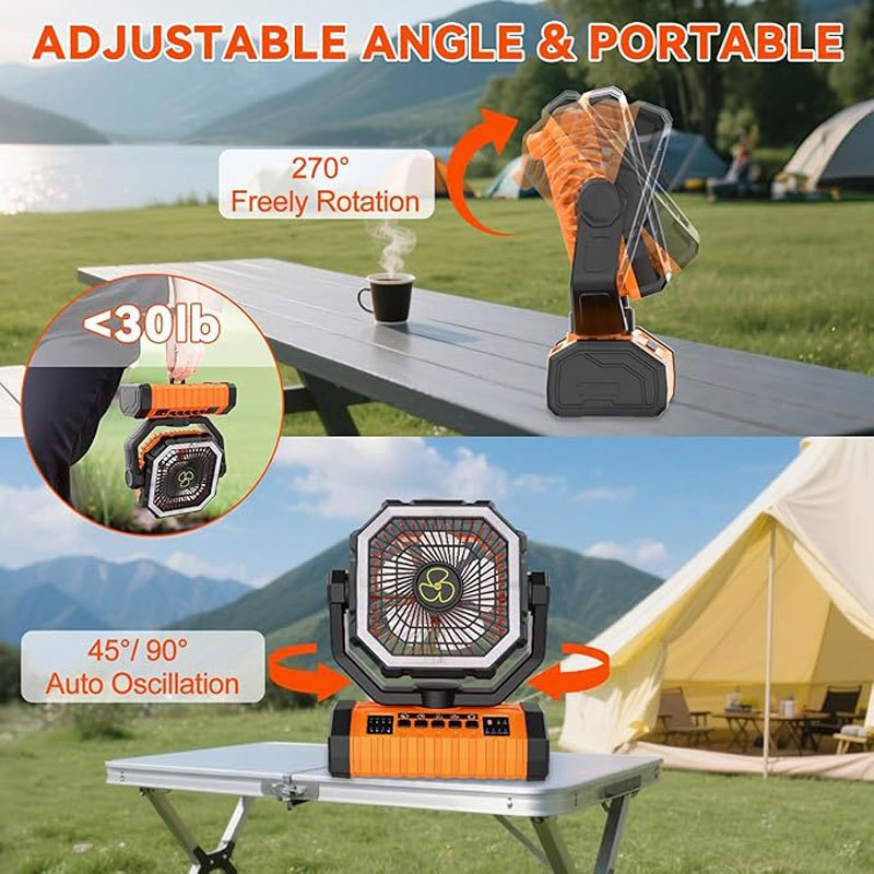 Ventilateur de camping 20000 mAh avec lanterne LED, rechargeable, oscillant, 4 vitesses et minuterie - Ventilateur de tente portable pour le camping, les véhicules récréatifs, les chantiers et les pannes de courant