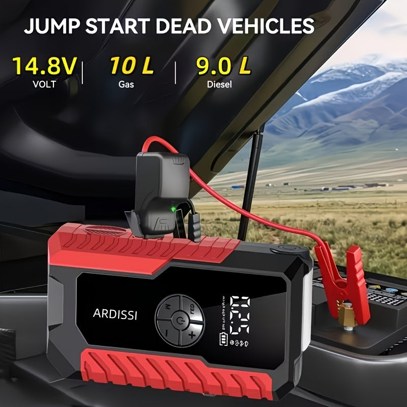 Démarreur de batterie portable 5000A avec compresseur d'air 150 PSI – Booster de batterie tout-en-un 10000mAh, port Type-C, lampe LED pour voitures essence et diesel 12V, camions, SUV et motos