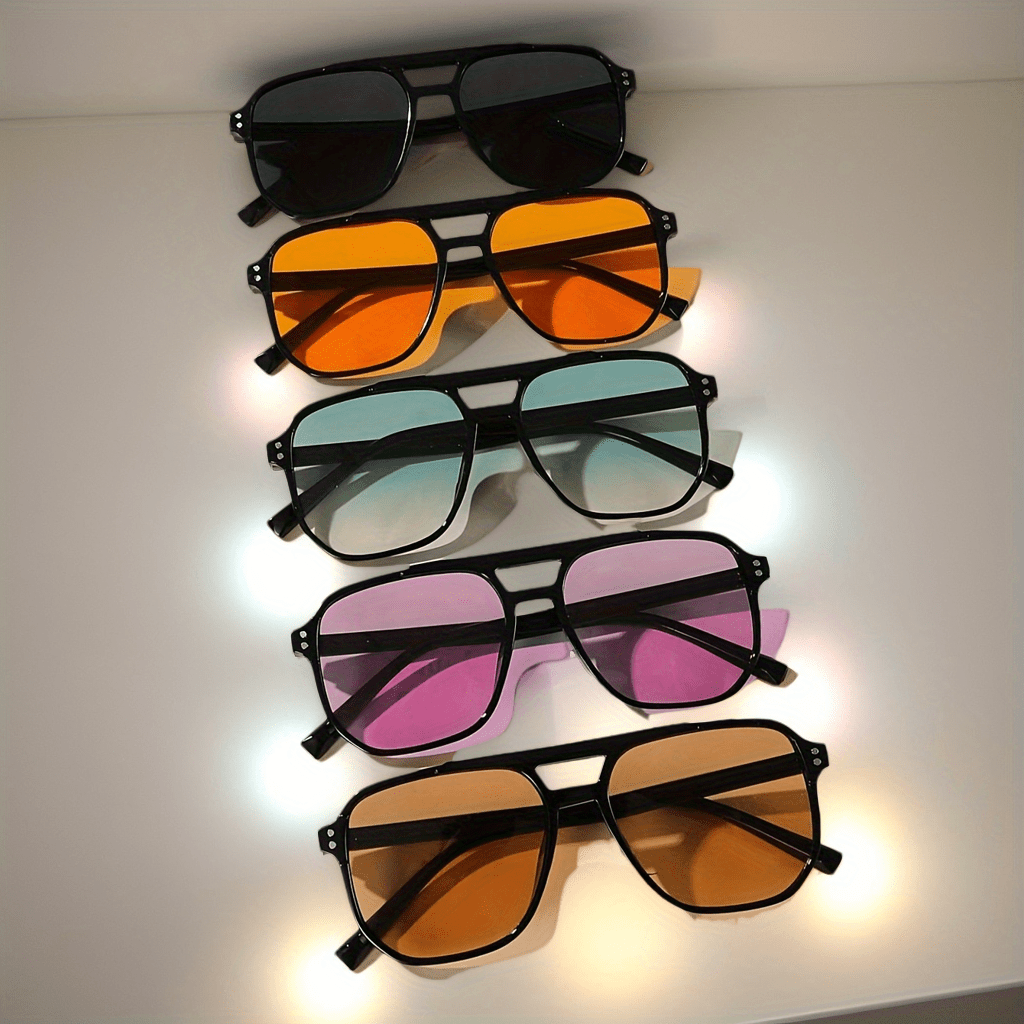 Lot de 5 paires de lunettes de soleil carrées style pilote, monture large en polycarbonate, protection UV, lunettes tendance et décontractées unisexes pour hommes et femmes, monture noire, verres multicolores