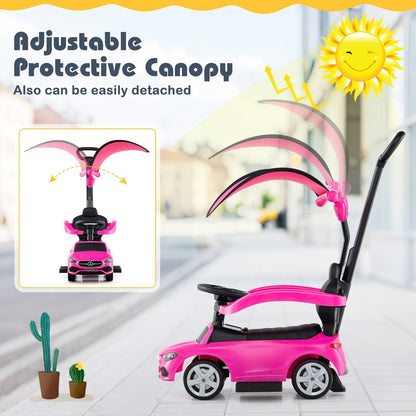 Voiture porteur 3-en-1 sous licence Mercedes-Benz pour tout-petits de 18 à 36 mois, voiture coulissante pour enfants avec volant sonore, barre de poussée, auvent réglable et rangement sous le siège - Cadeau de poussette trotteur rose