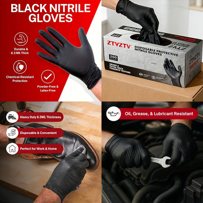 Gants jetables en nitrile noir, boîte de 200, sans latex, résistants aux produits chimiques, haute densité, coupe flexible, usage industriel pour le nettoyage, le tatouage, la peinture, le lavage de voiture – S M L XL