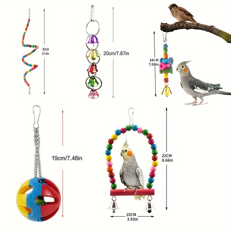 Ensemble de jouets pour perroquets - Balançoire, perchoir et jouets à mâcher pour perroquets, perruches, calopsittes, perruches ondulées et inséparables - Accessoires d'enrichissement pour cage à oiseaux, couleurs assorties
