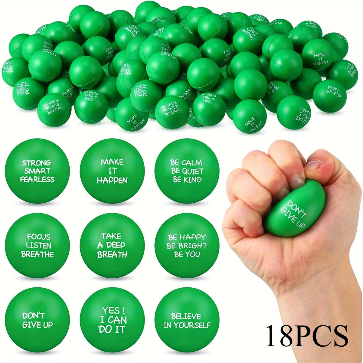 Lot de 18 ou 36 mini balles anti-stress avec citations motivantes de 4 cm, jouets à presser pour récompenses scolaires, cadeaux de fête, Pâques, printemps, rentrée des classes ou cadeaux d'équipe de bureau, rose, rouge, bleu, vert, jaune