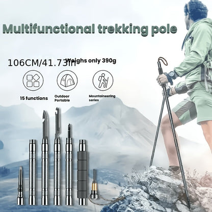 Bâton de randonnée tactique 7-en-1 – Canne de marche pliable et extensible avec boussole, pierre à feu, lame de scie, tournevis et pince, poignée ergonomique, cadeau idéal pour le camping et la randonnée de survie