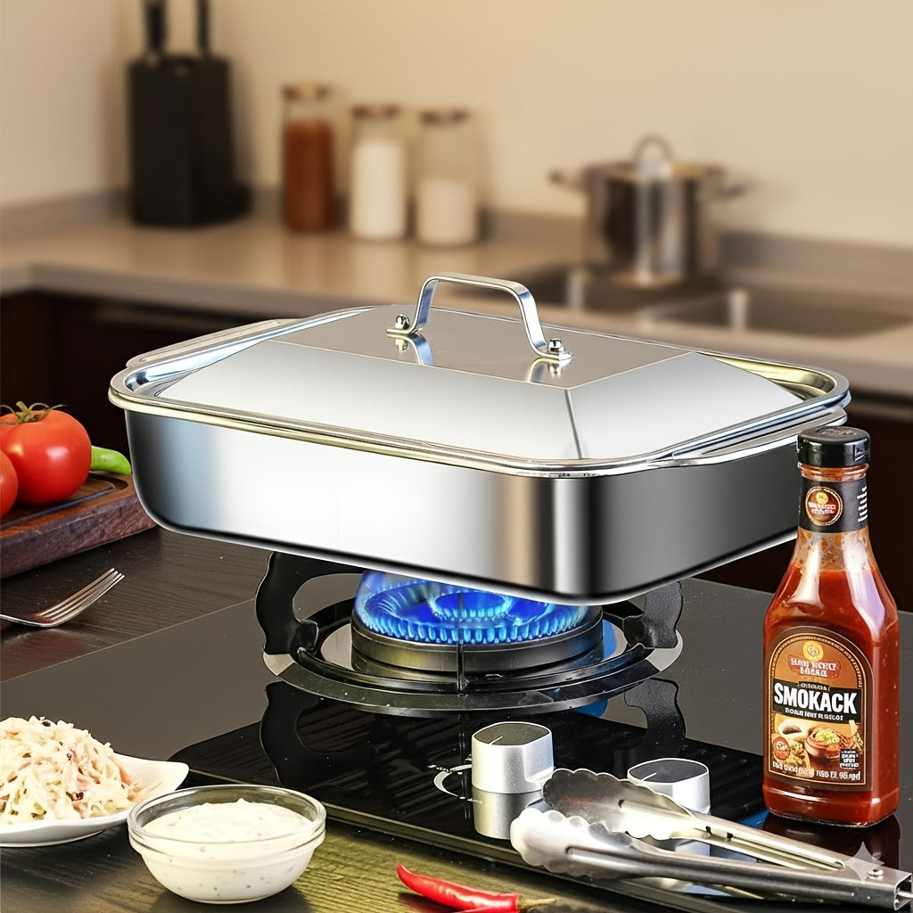 Ensemble de 4 plats de cuisson en acier inoxydable – 2 plats à rôtir profonds et 2 plats avec couvercle et poignées, plat rectangulaire de 6 litres et 41 cm pour dinde, lasagnes, poisson et poulet, compatible lave-vaisselle