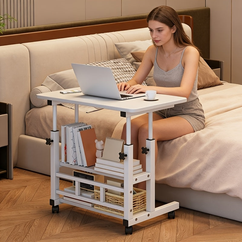 Bureau pliant à roulettes à 3 niveaux, hauteur réglable, plateau extensible, étagère de rangement pour ordinateur portable, bureau à domicile, chambre, salon, table d'ordinateur