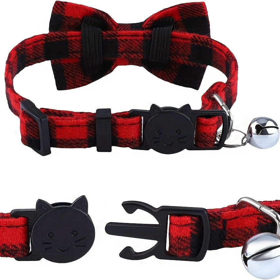 Lot de 4 colliers pour chat avec clochettes - Collier réglable de 19 à 30 cm, motif écossais, boucle de sécurité anti-étranglement avec clochette et nœud pour chatons et petits chiens, tissu confortable, ensemble multicolore