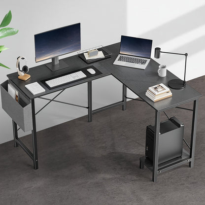 Bureau d'ordinateur en forme de L avec sac de rangement et étagères – Bureau d'angle réversible, poste de travail pour PC et ordinateur portable pour bureau à domicile, salle d'étude, bureau d'écriture peu encombrant