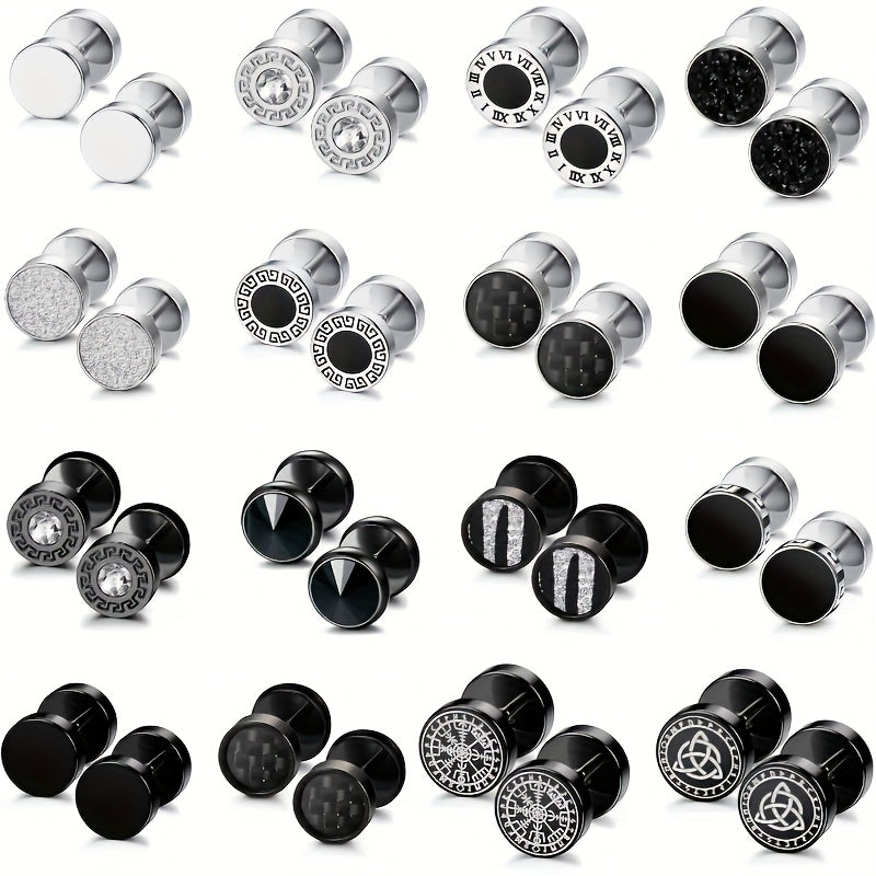 Lot de 16 fausses boucles d'oreilles écarteurs pour hommes et femmes – Clous d'oreilles style plug en acier inoxydable 316L, 8 mm, styles variés noirs et argentés, ensemble de boucles d'oreilles hypoallergéniques, idéal pour un cadeau