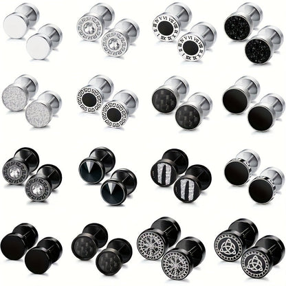 Lot de 16 fausses boucles d'oreilles écarteurs pour hommes et femmes – Clous d'oreilles style plug en acier inoxydable 316L, 8 mm, styles variés noirs et argentés, ensemble de boucles d'oreilles hypoallergéniques, idéal pour un cadeau