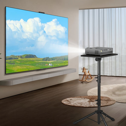 Trépied pour projecteur et ordinateur portable – Hauteur réglable avec support de téléphone col-de-cygne, plateau inclinable à 180°, capacité de 10 kg, support au sol portable pour bureau, maison, scène, studio et DJ