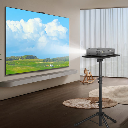 Trépied pour projecteur et ordinateur portable – Hauteur réglable avec support de téléphone col-de-cygne, plateau inclinable à 180°, capacité de 10 kg, support au sol portable pour bureau, maison, scène, studio et DJ