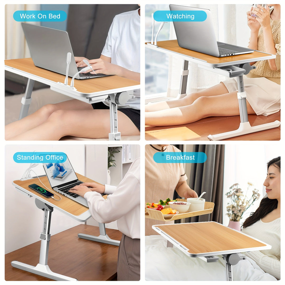 Plateau de lit pour ordinateur portable avec lampe USB, ventilateur et tiroir – Support d'ordinateur portable portable et réglable pour lit, canapé, bureau pour lire, écrire, manger, 10 couleurs et tailles