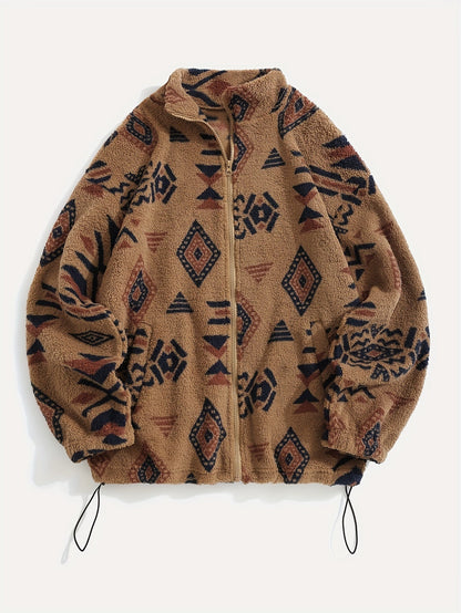 Ethnic Print Zip-Up Jacket Women's Microfleece Plush Zip-Up Jacket Tribal Pattern Fall Winter Coat with Zipper Closure High Elasticity Fleece Outerwear