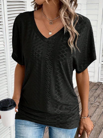 Women's V-Neck Ruffle Short Sleeve Top Casual Summer Blouse Solid Color Micro Stretch Knit Dark Cyan Black Pink Yellow Purple Red Rose Red S-XXL