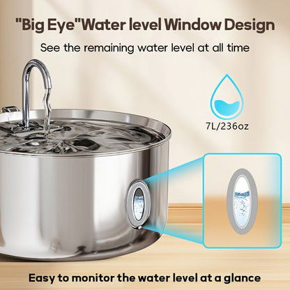 Fontaine à eau pour animaux en acier inoxydable 7 L (236 oz) – Distributeur d'eau automatique pour chats et chiens avec filtres de rechange, alimenté par USB et fenêtre de niveau d'eau – Modèle FT007