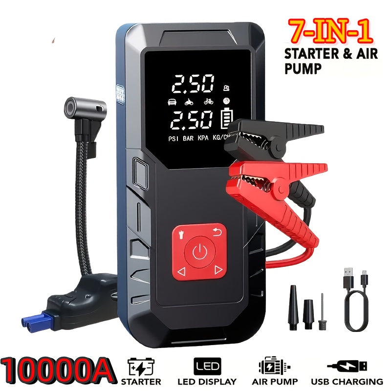 Démarreur de voiture 10000 A avec compresseur d'air 350 PSI, batterie de secours portable 9 en 1 avec lampe LED, charge rapide USB Type-C, gonfleur de pneus – Kit d'urgence pour voiture 12 V et cadeau