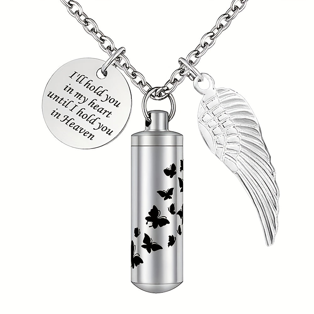 Collier urne cylindrique pour cendres - Pendentif commémoratif en acier inoxydable avec papillon et aile d'ange, bijou de crémation pour perte d'animal de compagnie ou d'être cher, pour femmes et hommes (argenté)