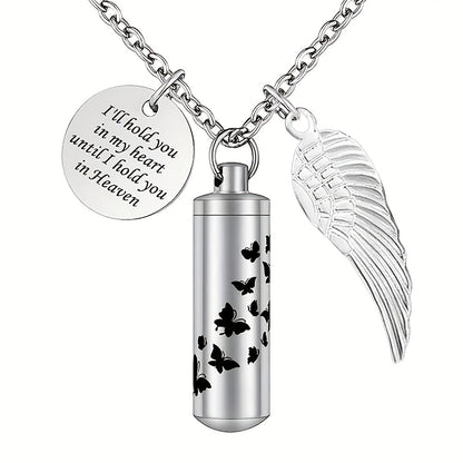 Collier urne cylindrique pour cendres - Pendentif commémoratif en acier inoxydable avec papillon et aile d'ange, bijou de crémation pour perte d'animal de compagnie ou d'être cher, pour femmes et hommes (argenté)