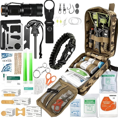 Kit de survie de 242 pièces – Équipement d'urgence en plein air avec allume-feu et trousse de premiers secours pour le camping, la randonnée, les voyages, la voiture et l'école, cadeau pour hommes et femmes, couleurs multiples