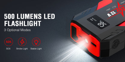 Démarreur de voiture 4000A/6000A avec compresseur d'air 150 PSI – Booster de batterie portable 2-en-1 et gonfleur de pneus, batterie externe à charge rapide USB, lampe de poche à 3 modes pour voitures, camions, motos et SUV