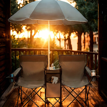 Ensemble de 2 chaises de plage pliantes avec parasol, table et sac isotherme – Chaise de pique-nique compacte et pliable pour la plage, le camping et les sorties en plein air, capacité de 122 kg par siège