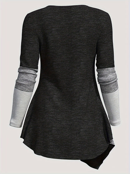 Color Block Patchwork Long Sleeve Top Women Irregular Hem Wide Lapel Knit Casual Spring Fall Black Mixed Colors S M L XL XXL
