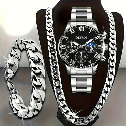 Ensemble montre chronographe à quartz pour homme en acier inoxydable avec collier et bracelet – Coffret cadeau bijoux 3 pièces avec heure universelle, style business pour événements formels professionnels