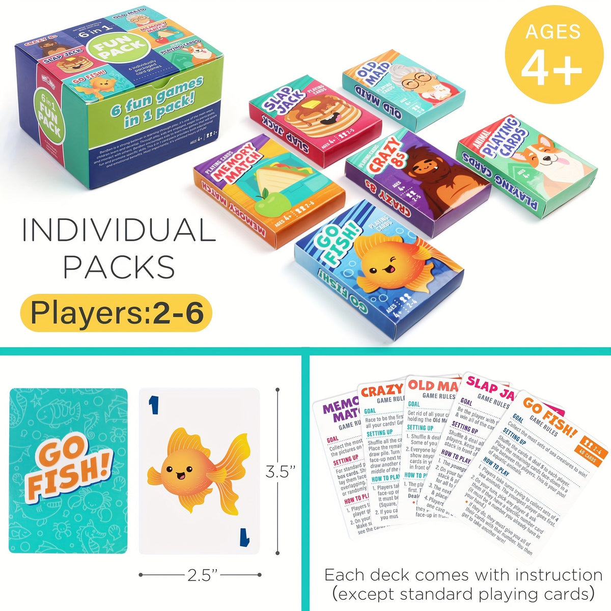 Jeu de 6 cartes pour enfants avec 6 paquets – Pêche, Pouilleux, Huit Américain, Mémo, Slap Jack et cartes Animaux | Soirée jeux en famille à partir de 4 ans, cadeau d'anniversaire et de Noël, cadeau de Noël