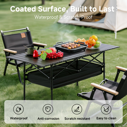 Table de camping pliante portable en aluminium, légère, pour pique-nique en plein air, avec filet de rangement et sac de transport – Hauteur réglable 95 cm, facile à ranger, pour camping, plage, jardin, barbecue, fête et terrasse