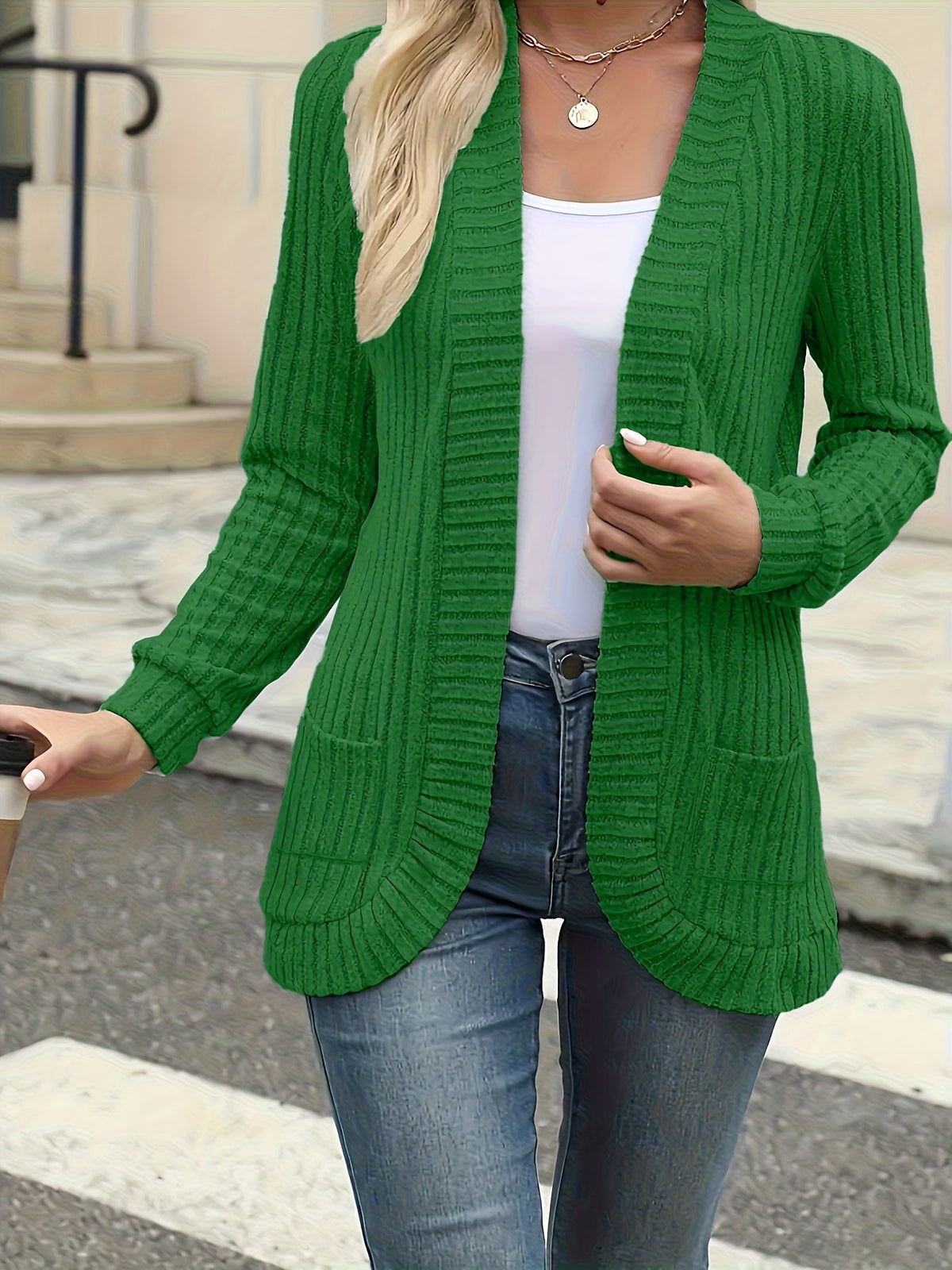 Women's Elegant Front Open Sweater Cardigan Long Sleeve Pleated Detail Solid Color - Soft Suede Feel Layering Piece for Fall Winter Office Casual Daily Wear